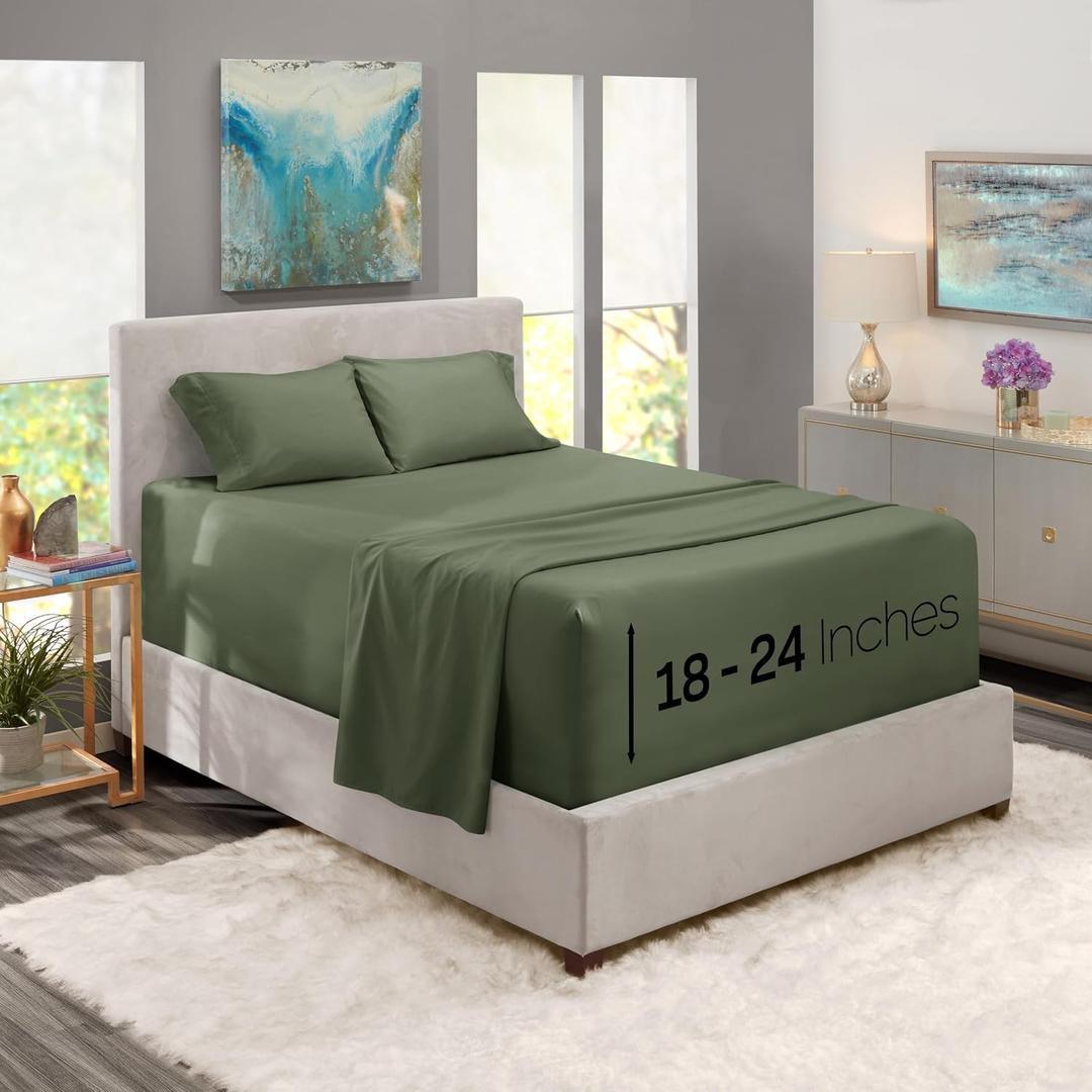 Nestl King Size Sheet Set, 4 Piece Extra Deep Pocket (18-24 inches), Microfiber, Hotel Luxury, Soft, Breathable, Wrinkle-Free, Easy to Care, Olive Green