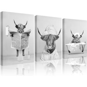 3pcs Framed Funny Black and White Highland Cow Wall Art Humor Animals Bathroom Artwork Prints for Bathroom Living Room Apartment Bedroom Office Hotel Wall Decor Ready To Hang 16x24in