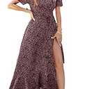 PRETTYGARDEN Women's Summer Wrap Maxi Dress Casual Boho Floral V Neck Short Sleeve Ruffle Hem Split Beach Long Dresses (Black Red Floral,M)