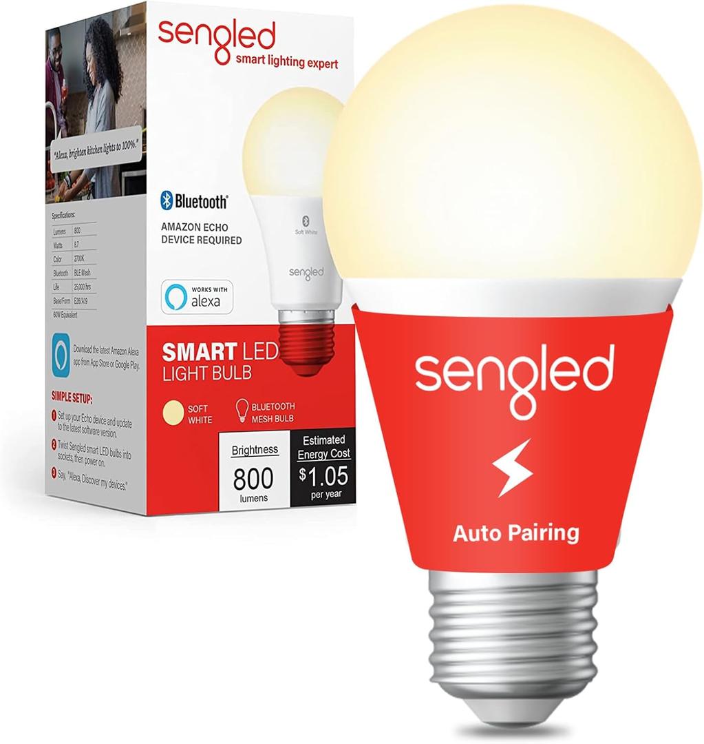 Sengled Alexa Light Bulb, S1 Auto Pairing with Alexa Devices, Warm Smart Light Bulbs, Bluetooth Mesh Smart Home Lighting, E26 60W Equivalent, 800LM, 1-Pack (Soft White (2700k))