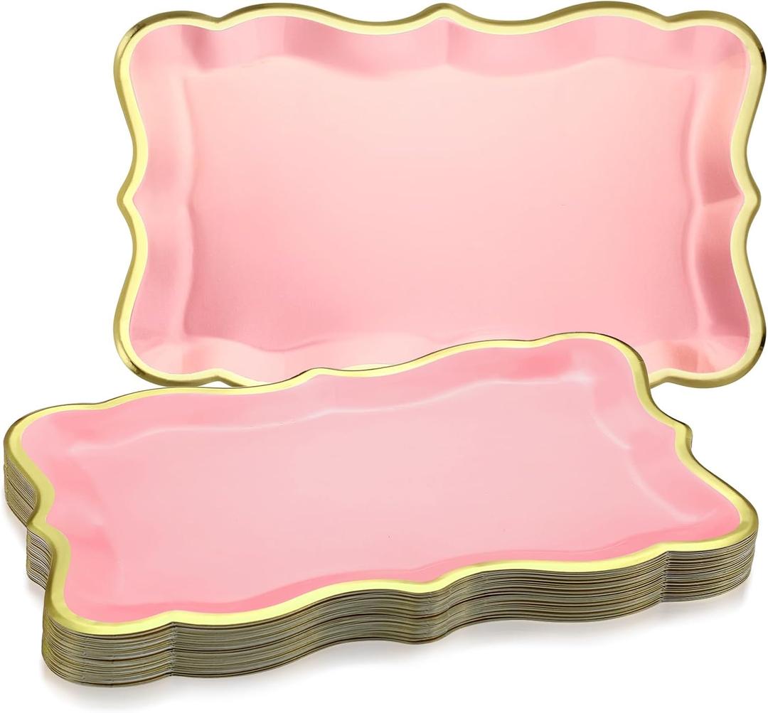 Havawish 24 Pcs 9" x 13" Rose Gold Disposable Paper Serving Trays with Gold Rim Border Paper Plates for Dinner Cookie Cake Dessert Holiday Party Supplies