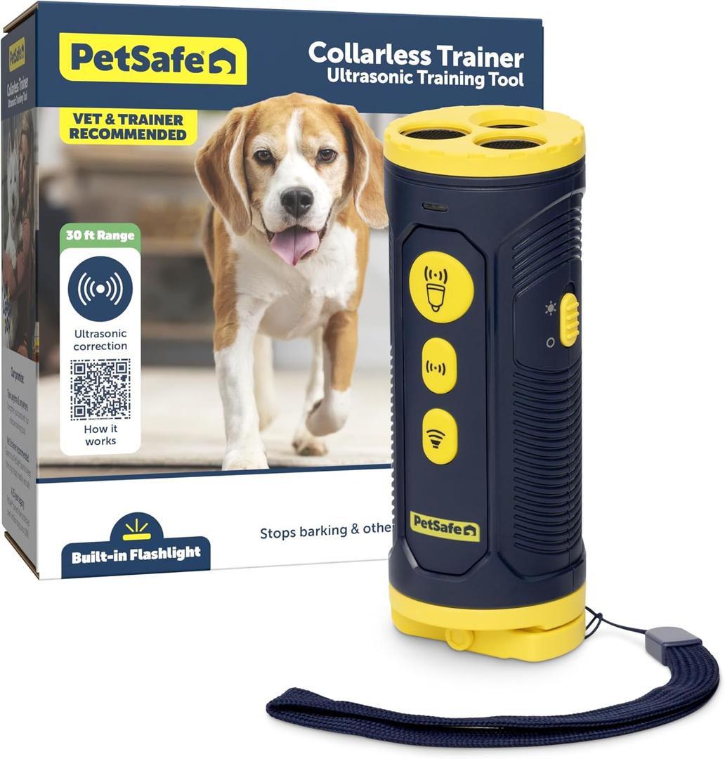 PetSafe Collarless Trainer Ultrasonic Bark Deterrent Handheld Anti Bark Device High-pitched Sound, Flashing Light and Variable Tone Rechargeable Battery Flashlight Wrist Strap