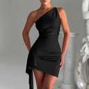 Memoriesea Women's One Shoulder Ruched Bodycon Sleeveless Mini Club Party Dress (Black, S)