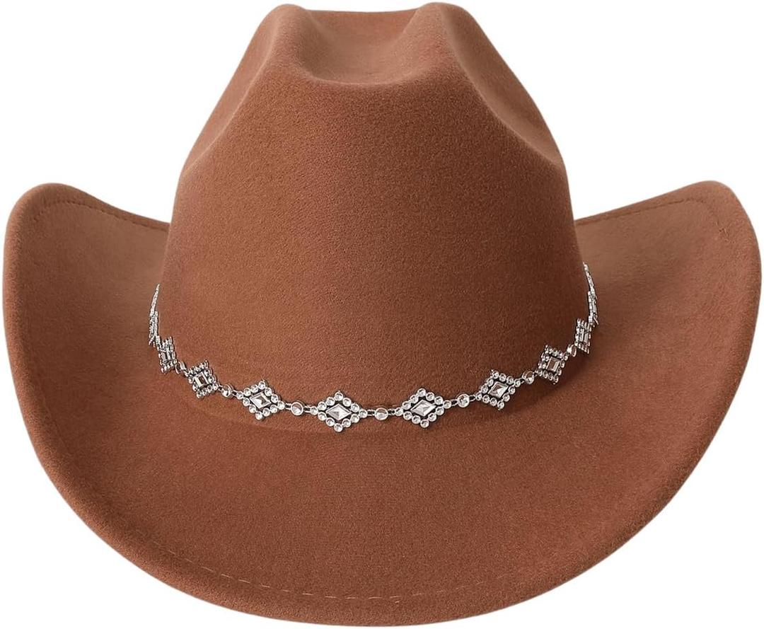 Verdusa Women's Western Cowboy Hat Rhinestone Wide Brim Cowgirl Hat (Brown)