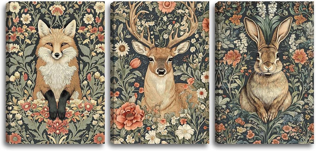 SIXWOOD William Morris Forest Animal Canvas Wall Art 3-Piece, 16"x24" Each