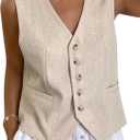 GORGLITTER Women's Button Down Linen Vest Sleevless V Neck Dressy Suit Vests Blazer (Large, White)