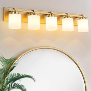 5 Light Modern Bathroom Light Fixtures Over Mirror, Brass Finish Vanity Lights for Bathroom Wall Sconces with Milky White Glass Shades, E26 Socket (Bulbs Not Included)