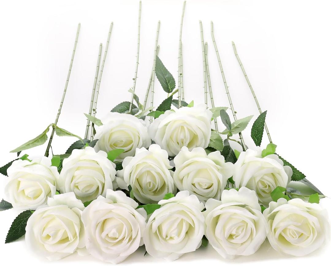 12Pcs White Roses Artificial Flowers Fake Roses Faux Velvet Silk Flower for Home Wedding Decoration (Pearl Rose, White)