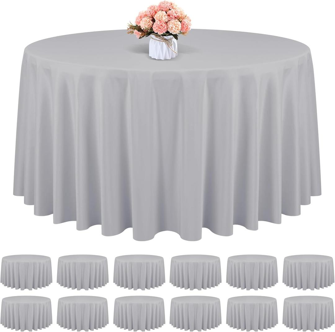 12 Pack, 120 Inch Round Tablecloth,Light Grey Tablecloth Polyester Round Table Cloth Stain and Wrinkle Resistant,Circle Washable Fabric Table Cover for Wedding Parties Banquet Dining