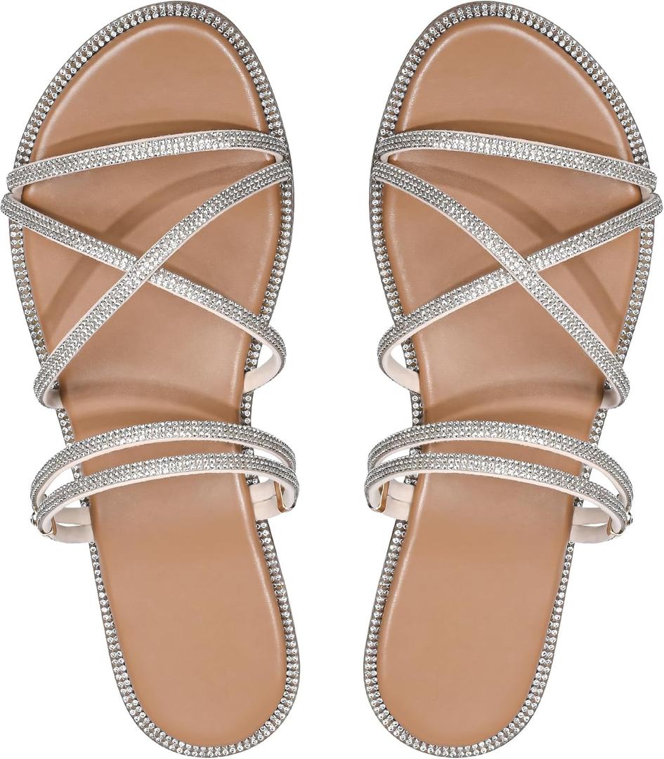 Women's Glitter Rhinestone Flat Criss Cross Strappy Open Toe Sandals Slip On Slippers (11, Beige)