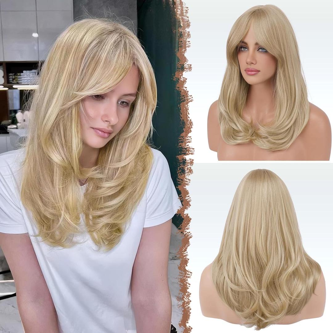 FESHFEN Dirty Blonde Wigs with Bangs, Synthetic Natural Looking Long Layered Straight Hair Wig for Women Daily Party Use, 18 inch