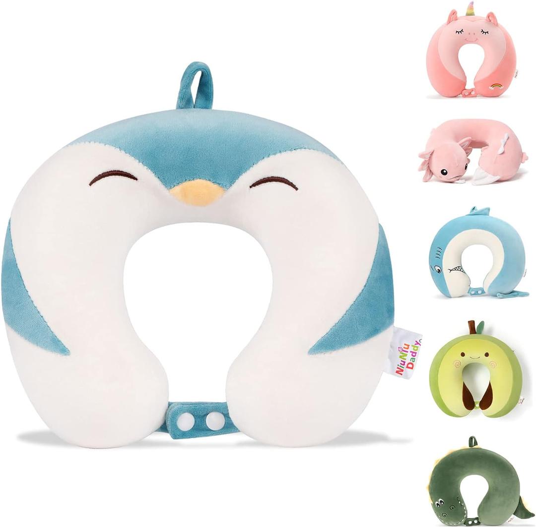 Niuniu Daddy Travel Neck Pillow - Pure Memory Foam Neck Support for Airplane, Car, Train Travel - Penguin Design for Kids 8+, Teens and Adults (9-12 Y/O, Penguin)