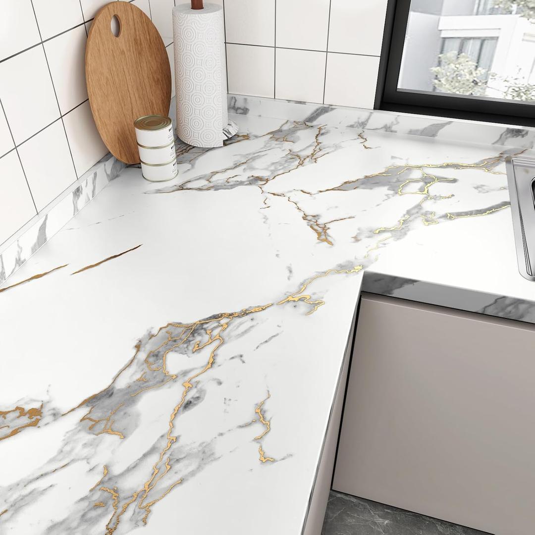 WESTICK Matte White Gold Marble Conatct Paper Self Adhesive Thick Marble Wallpaper Peel and Stick Countertops Waterproof Vinyl Countertop Contact Paper for Cabinets Table Kitchen Backspalsh 17.7"x80" (17.7" x 80", Gold/White)