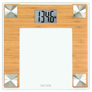 Taylor Digital Bath Scale for Body Weight, Bathroom Scale with Durable Glass Platform, 400 lb Capacity, Natural Bamboo and Spun Stainless Steel Accents