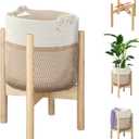Flower Pot Rattan Plant Stand Planter with Stand, Tall Indoor Boho Woven Wicker Storage Basket with Adjustable Wood Shelf (White & Brown)