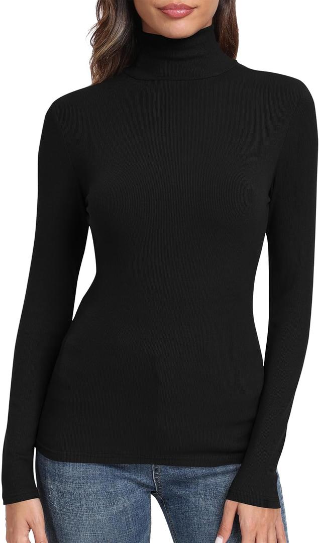 GEMBERA Womens Long Sleeve Turtle Neck Basic Slim Fitted Ribbed Knit Tops Thermal Shirts (X-Large, Black)