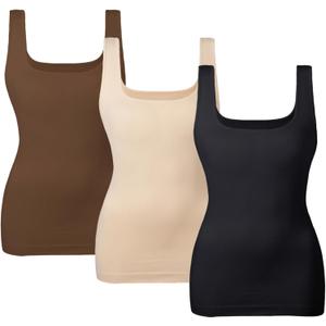 EUYZOU Women's Tummy Control Shapewear Tank Tops Seamless Square Neck Compression Tops Slimming Body Shaper Camisole (Large, Black/Nude/Coffee 3pk)