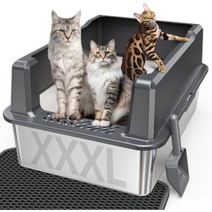 Extra Large XXL Stainless Steel Cat Litter Box with Lid, 26" L x 18" W x 12" H Metal Litter Box with Hight Sides for Big Cats & Multiple Cats, Never Absorbs Odors, Anti-Urine Leakage, Easy Cleaning