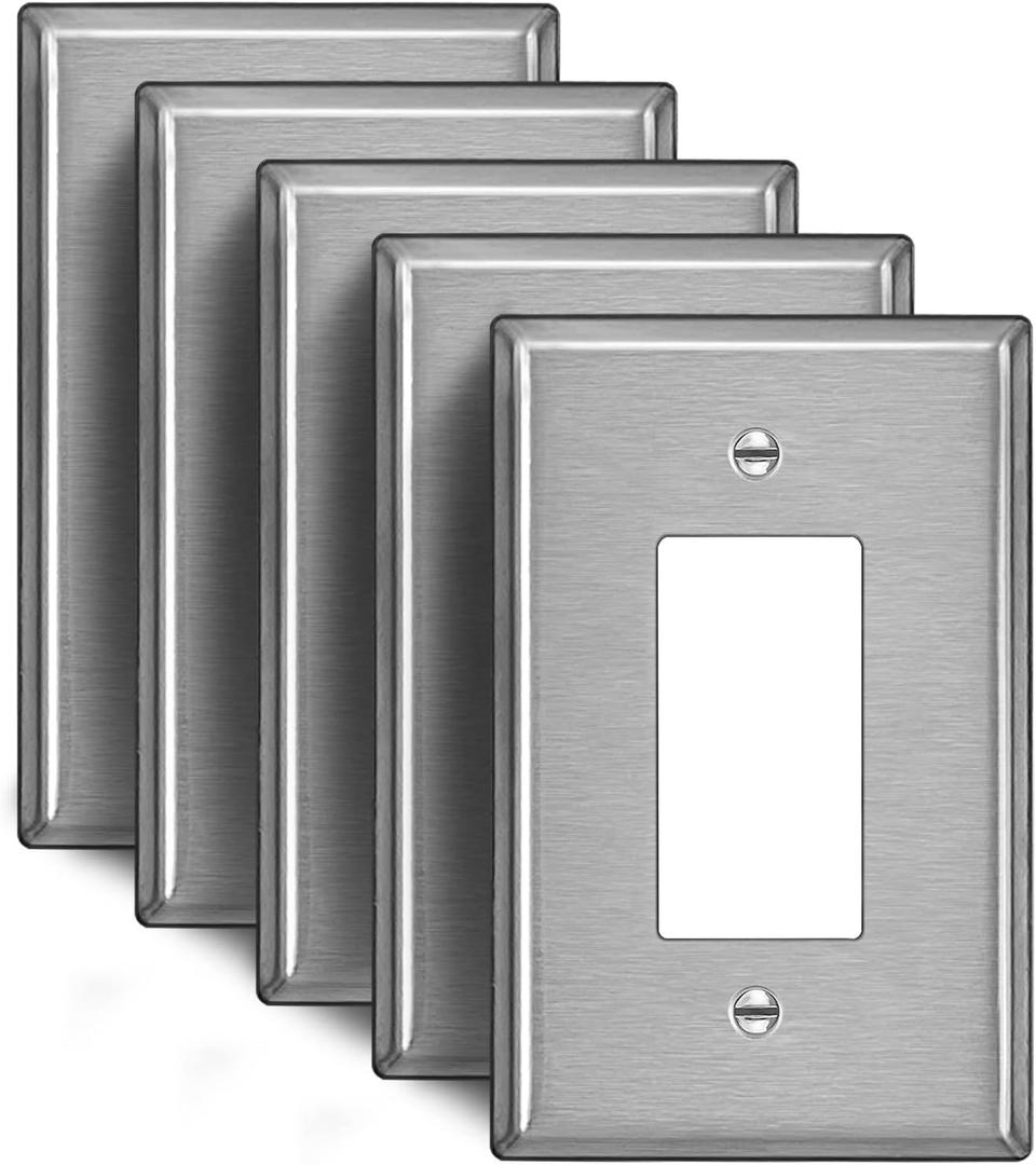 [5 Pack] BESTTEN Oversized Decorator Metal Wall Plate with Plastic Film, Oversize Decor Receptacle Outlet Cover, Corrosion-Resistant Stainless Steel Switch Cover, Brushed Finish, Silver