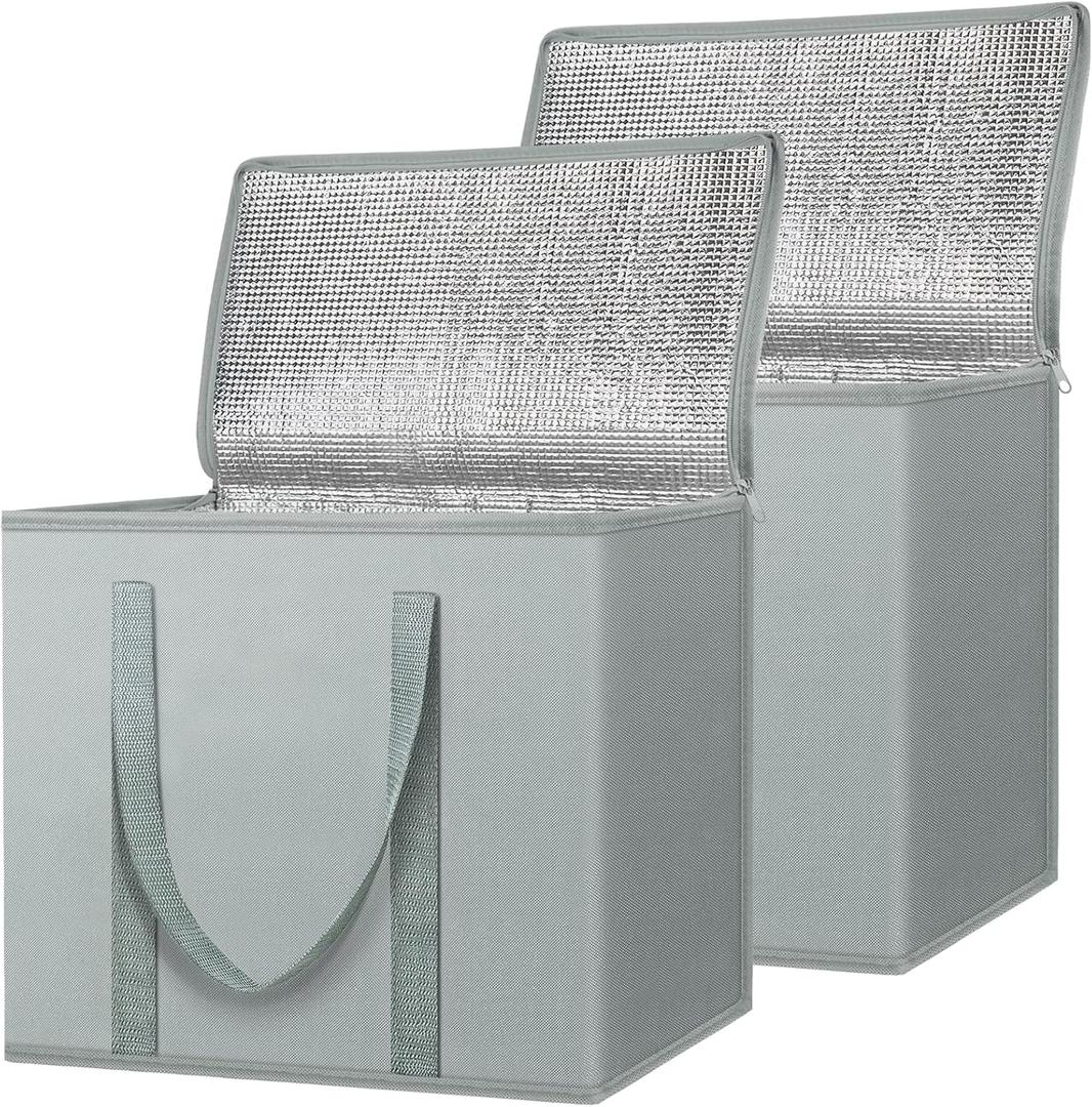 BALEINE 2Pk Insulated Reusable Grocery Bags, Collapsible Cooler Bag for Groceries, Heavy Duty Large Insulated Bag (16''x9''x13'', Urban Gray)