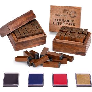 Letter Stamps, 56pcs Alphabet Stamps with Weeks and Weather, Number Stamps with Wooden Case, Vintage Symbol Wood Stamps with Ink Pads Rubber Stamps for Crafting, Card Making, Scrapbooking