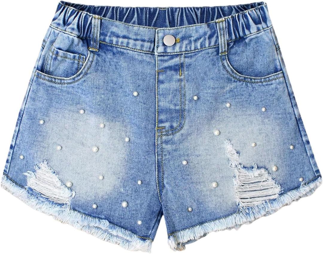 Girl's Pearl Denim Shorts Y2k Ripped Distressed Summer Jeans Shorts with Pocket