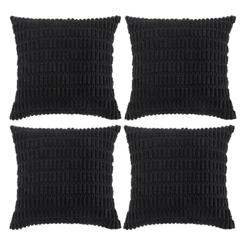 Fancy Homi 4 Packs Boho Black Decorative Throw Pillow Covers 22x22 Inch for Living Room Couch Bed Sofa, Rustic Modern Farmhouse Home Decor, Soft Plush Corduroy Cute Square Cushion Case 55x55 cm
