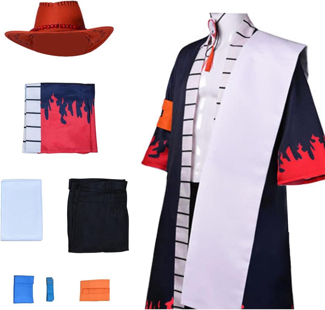 Unisex Men Anime Cosplay Long Robe Costume Navy Blue Kimonos Cloak Cape Black Shorts Halloween Outfits with Bag Hat (Medium)