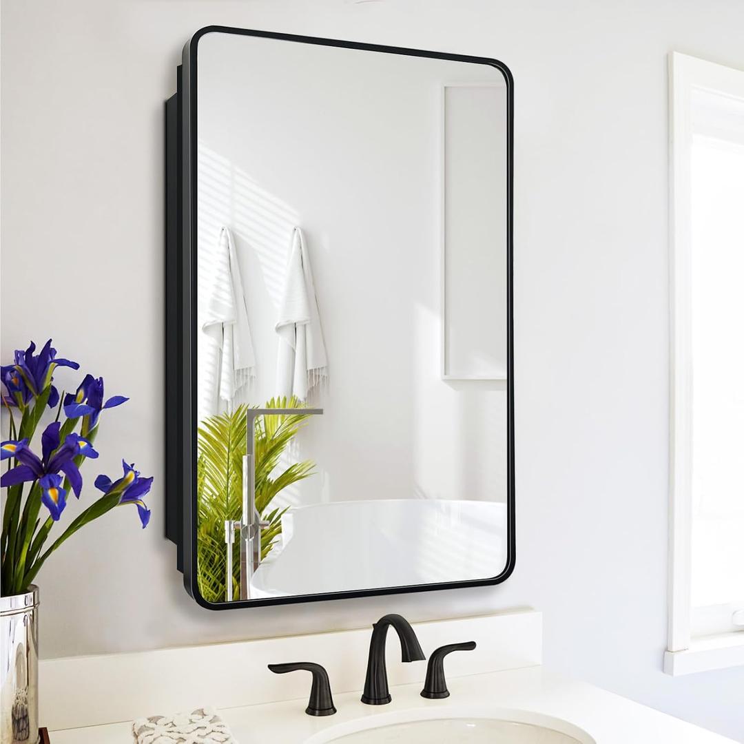 Recessed Medicine Cabinet with Mirror - Farmhouse Black Bathroom Storage Cabinet for Bathroom, Kitchen, Laundry Room | Rustic Modern Design, Soft-Close Hinges, Adjustable Shelves
