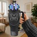 Hpebl 9PCS Black for Stanley Cup Accessories Set Bling Initials Bow Charms for Stanley Decorations 30/40 Oz Tumbler Accessories Including Bow Straw Topper, Handle Strap, Spill StopperLetter M