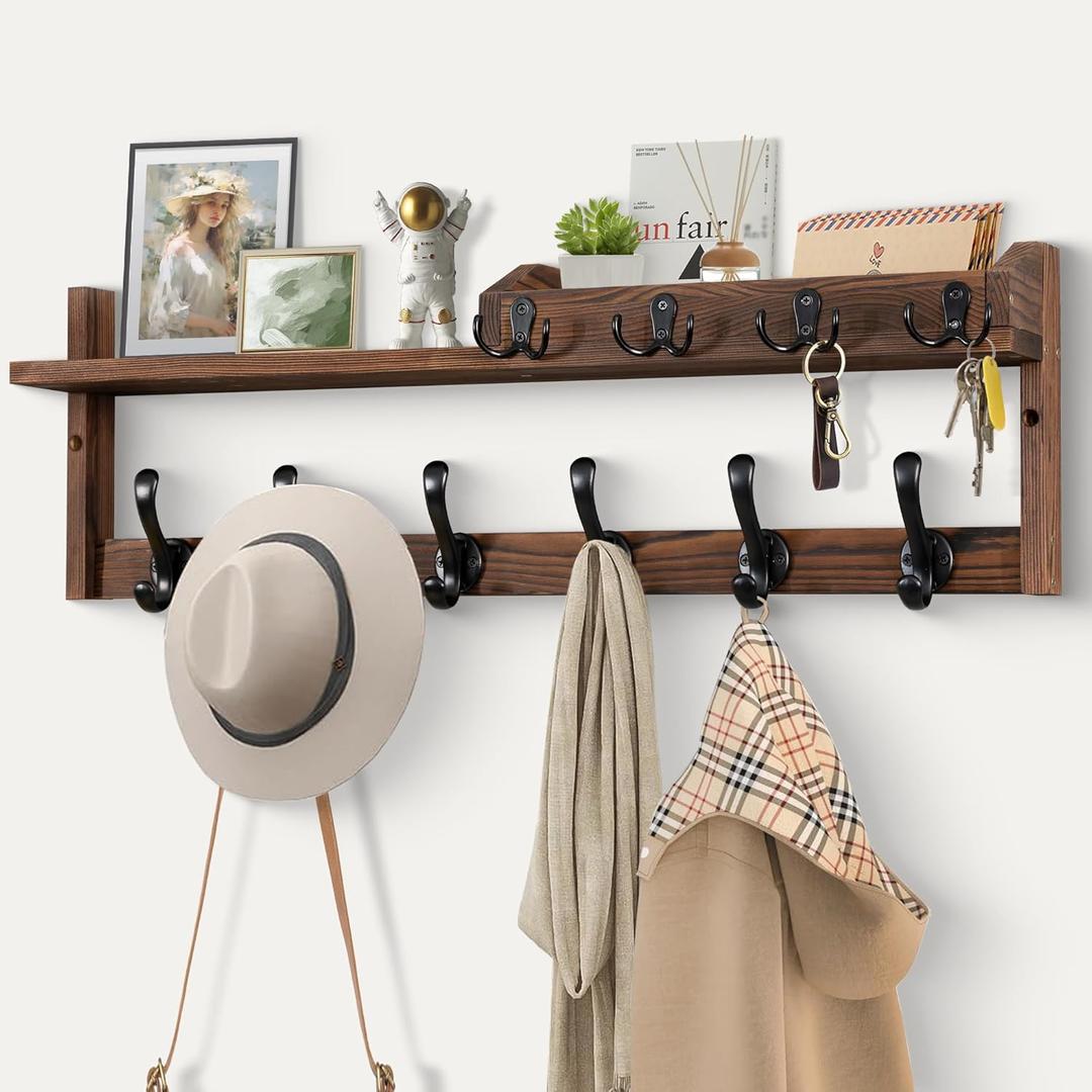 Coat Rack Wall Mount with Shelf, 27.5" Entryway Wall Hanging Shelf, Coat and Key Hanger with 10 Dual Hooks, Mail Organizer and Key Holder Hat Rack for Wall, Wood Coat Hooks with Storage (Brown)