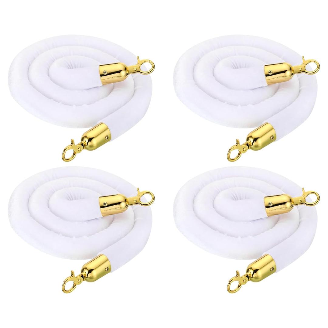 PATIKIL 5 Feet White Velvet Stanchion Rope, 4 Pack Crowd Control Barrier Rope with Snap Hooks for Posts Stands Queue Divider of Hotel Theater, Golden