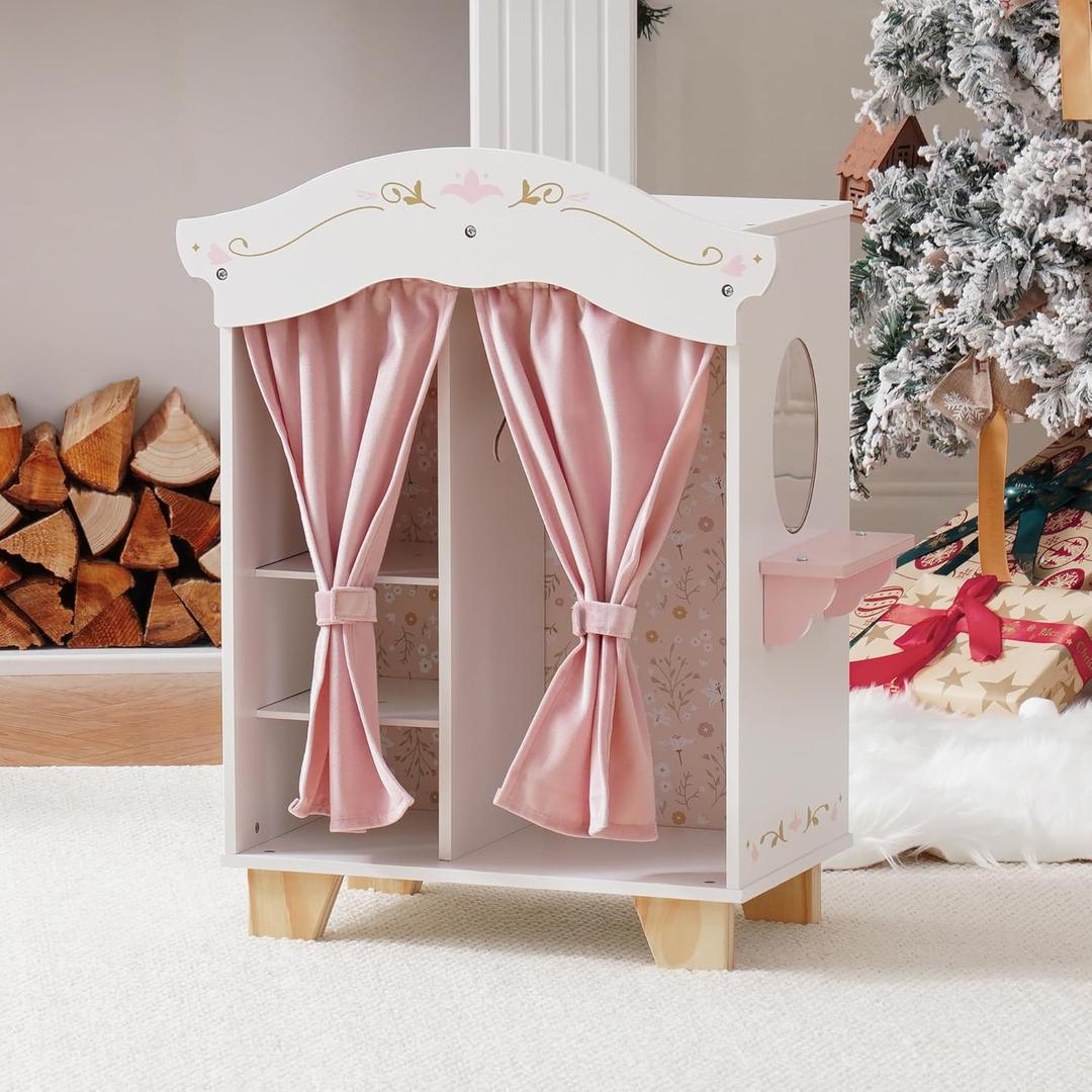ROBOTIME 18in Doll Closet, Wooden Doll Closet Wardrobe, Pink Doll Wardrobe Closet Fits 16-18in Dolls, Gift for Boys & Girls, Small