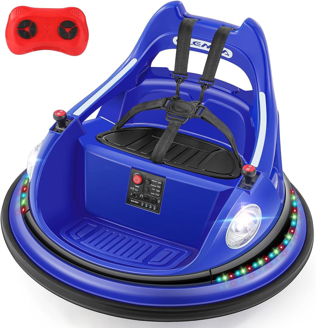 ELEMARA Bumper Car, 1.9MPH Max, 12V Electric Car for Kids W/Parent Remote, Bluetooth Ride on Toys, Ride on Car W/2-Speed, 2 Driving Mode, 360Spin, Music,5 Lighting Mode, DIY Stickers, Blue, Large