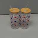 2 Pcs Patriotic Glass Cups with Bamboo Lids and Straw White Blue and Red Tumbler 16 oz Coffee Beer Cups for American Flag Independence Day Party Supplies Office Home Gifts(Star)