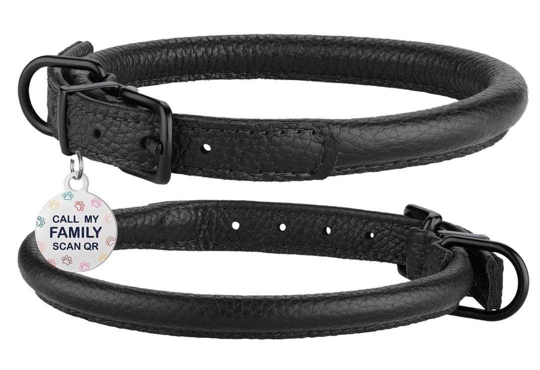 Rolled Leather Dog Collar Soft Round Collars, ID Tag for Small Medium Large Dogs (19-22 inch, Black Midnight & Black Buckle)