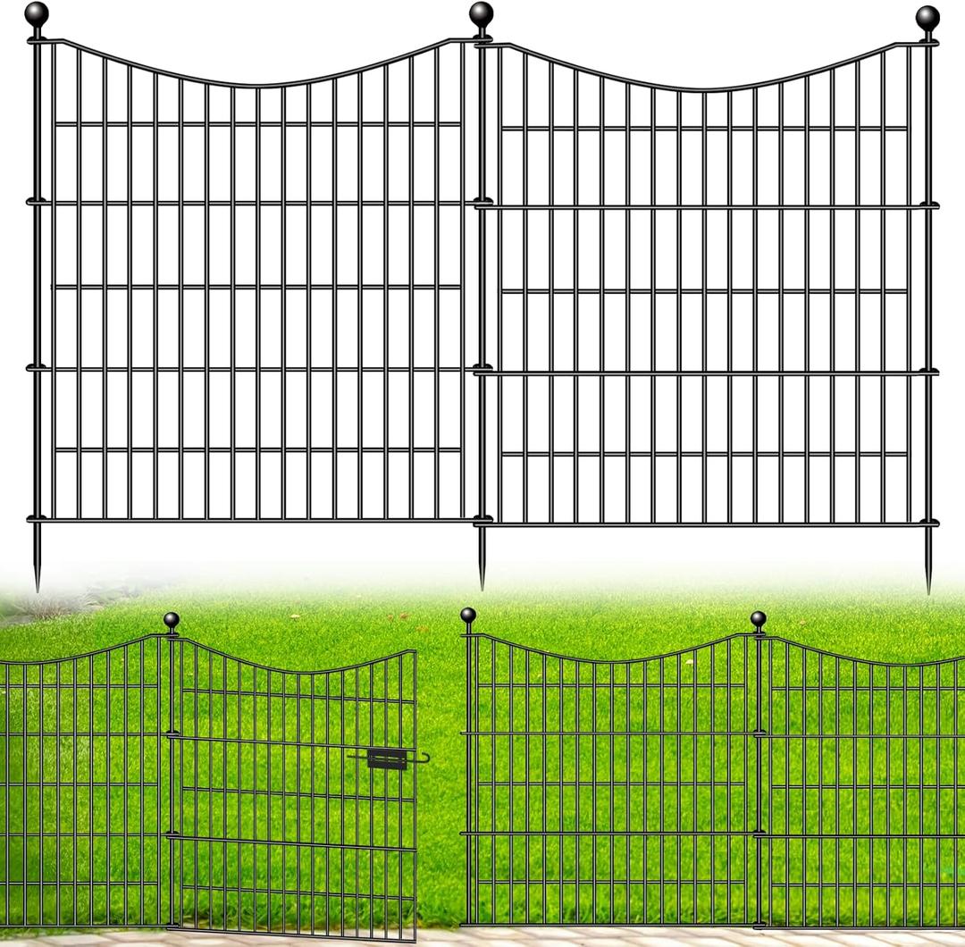5 Panels Decorative Garden Fence with Gate, 32 in(H) X 12 ft(L) No Dig Dog Fence Animal Barrier Outdoor for Yard, Rustproof Metal Garden Edging and Borders, Temporary Fencing Stakes
