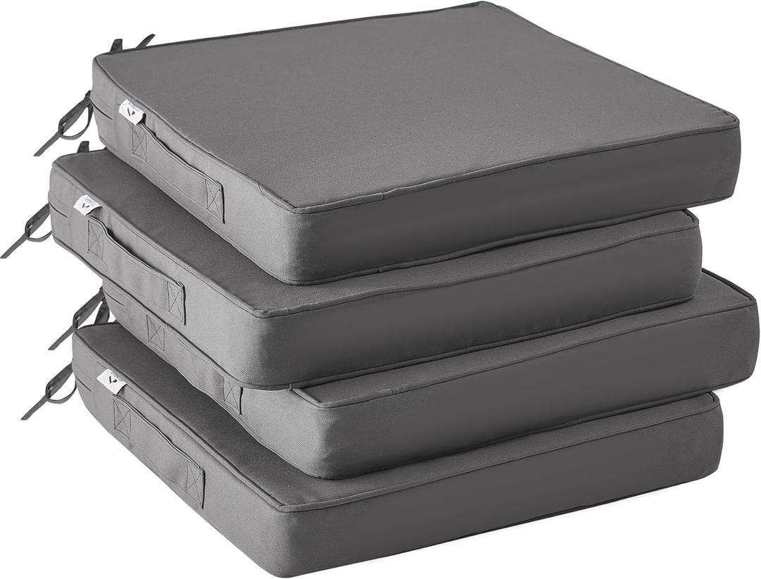 Outdoor Chair Cushions Set of 4,Waterproof Outdoor Seat Cushions for Patio Furniture,Patio Chair Cushion with Handle and Ties, Square Out Door Chair Pads,19" x 19" x 3", Darkgrey