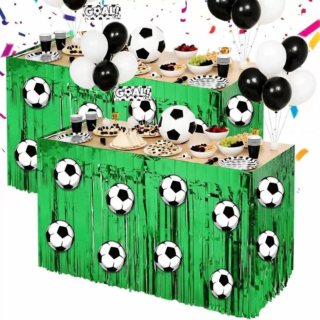2 x 2 Pcs Soccer Table Skirt with 20 Pcs Soccer Stickers, Green Foil Fringe Table Skirt for Soccer Party Decorations, Sports Themed Birthday Party Supplies, World Cup Viewing Party, Football Event Décor