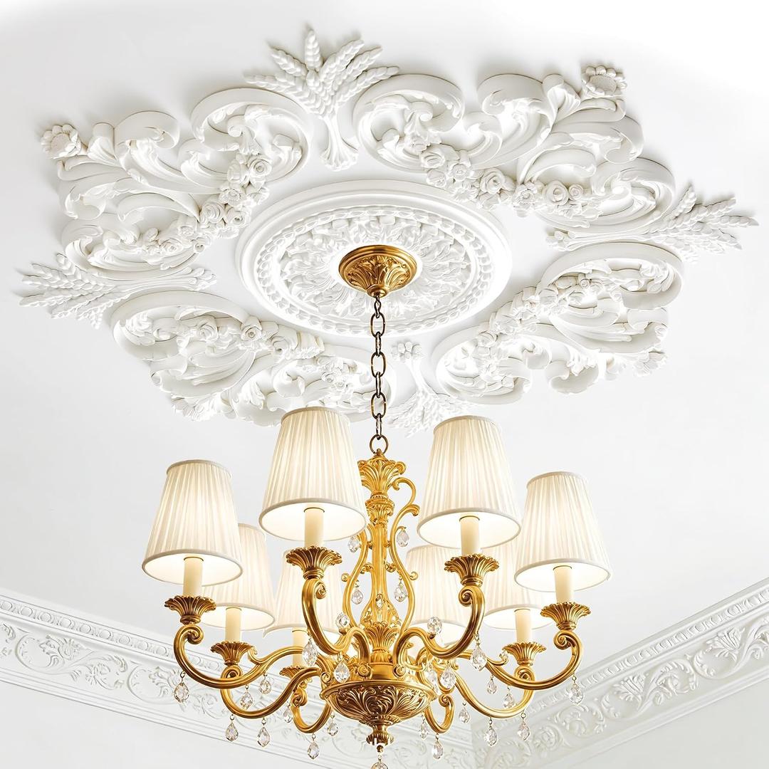 28 Inch Large Ceiling Medallion for Chandelier, French Victorian PU Ceiling Medallion Combination Decorative, Lightweight Decorative Ceiling Medallion with 5m Adhesive Tape & Scissors