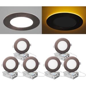 ZYC Recessed Lighting 4 Inch - 9W 800LM LED Recessed Ceiling Light with Night Light,2700K/3000K/3500K/4000K/5000K Selectable Ultra-Thin Lighting, Dimmable Canless Wafer Downlight, Pack of 6, (Bronze)