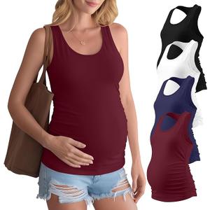 4 Pack Women's Maternity Tank Tops Racerback Sleeveless Crewneck Pregnancy Shirts Summer Side Ruched Mama Clothes, Large