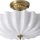 15.75-Inch Gold Semi Flush Mount Ceiling Light Milk Glass Lampshade Fixture Mid Century Modern 4-Light (Dimmable 4 Bulb is Included) Brass for Hallway Bedroom Foyer Entryway