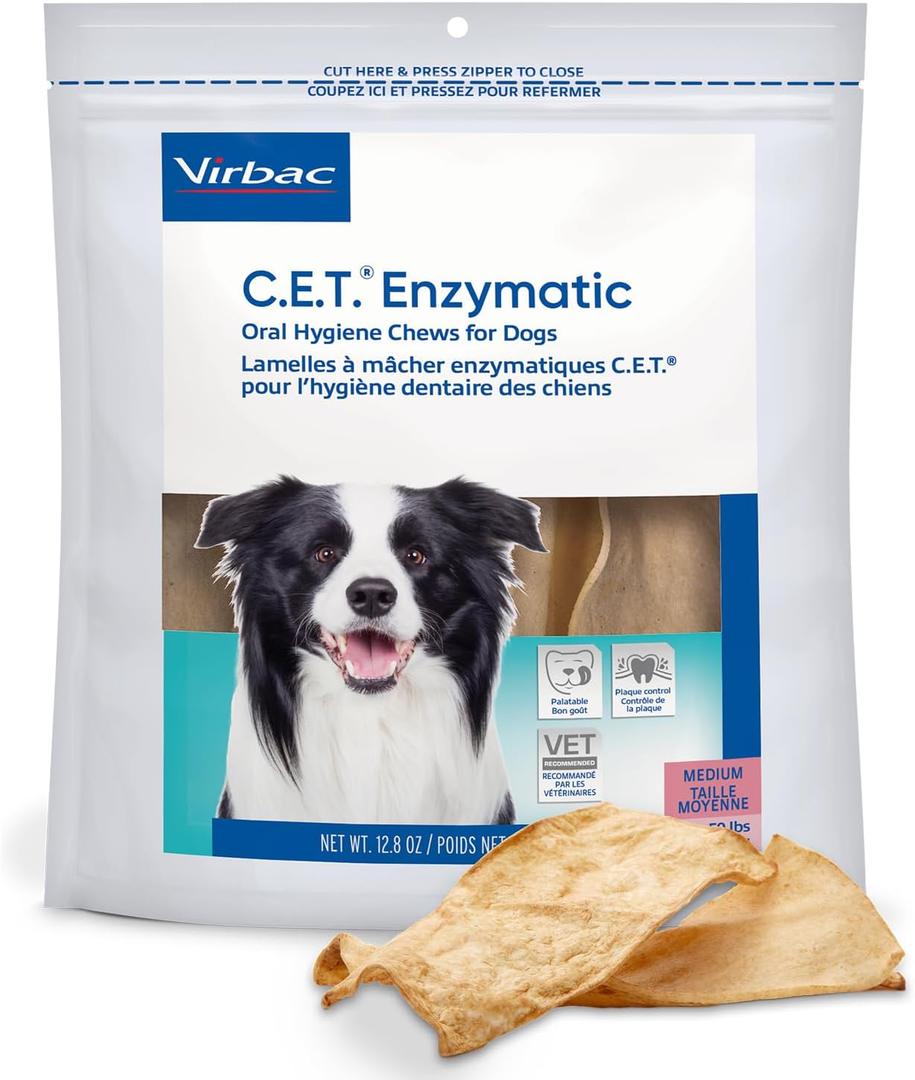 Virbac C.E.T. Enzymatic Oral Hygiene Chews for Dogs, Medium - Plaque & Tartar Control - Single Layer Beefhide with Exclusive Dual-Enzyme System & Tasty Chicken Flavor - Easy to Give Dog Dental Chew