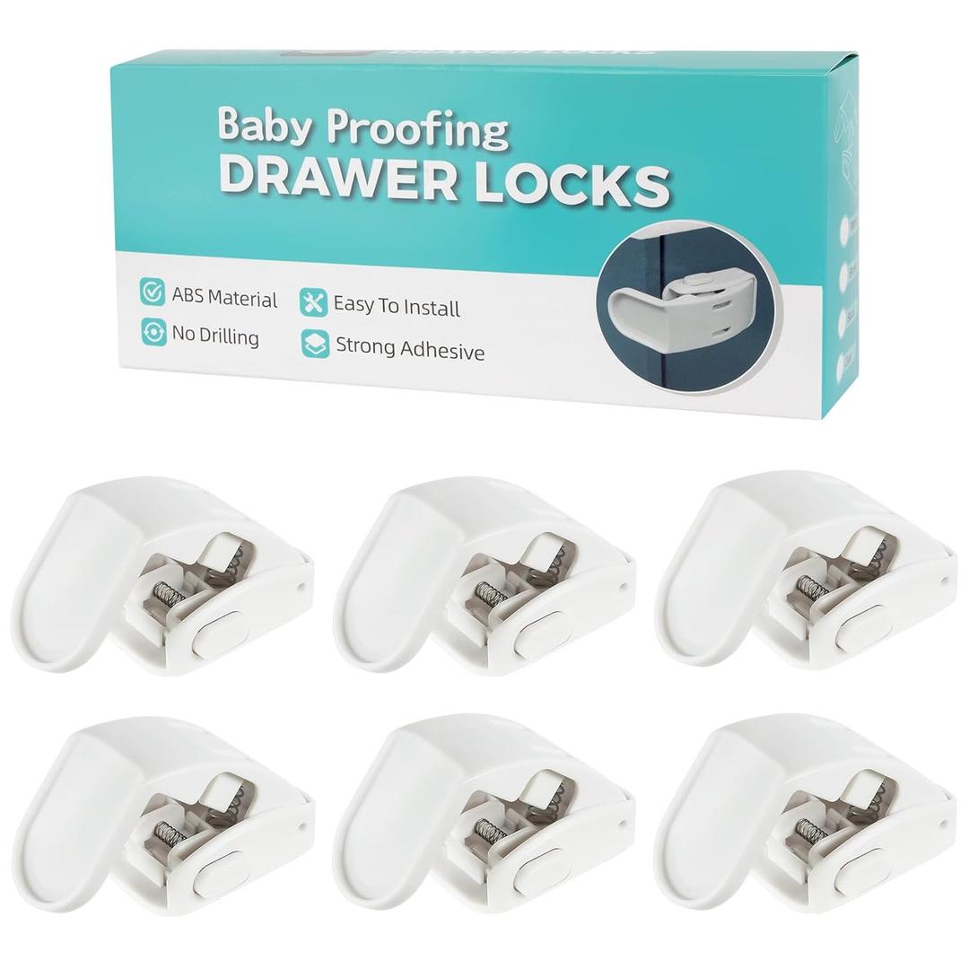 6-Pack Drawer Locks Baby Proofing, Maveek 90 Right Angle Lock For Bedside Corner Nightstand Drawer Cabinet Kitchen Cupboard Dresser Pull-out Drawers, Furniture Latch For 0-12 Month Toddler (6 White)