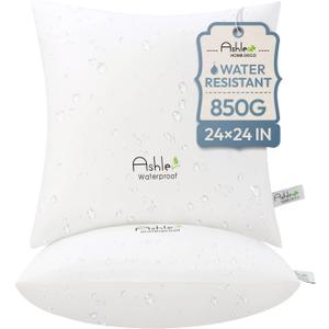 Ashler Outdoor Throw Pillow Inserts - 24 x 24 Pillow Inserts Set of 2, Water Resistant Hypoallergenic Pillows Decorative for Garden, Waterproof Pillow for Sofa Couch, White