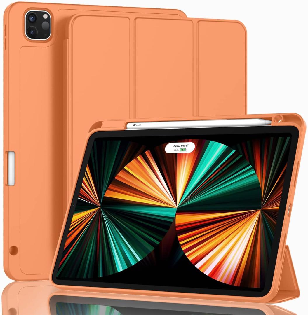 ZryXal New iPad Pro 12.9 Inch Case 2022/2021/2020(6th/5th/4th Gen) with Pencil Holder,Smart iPad Case [Support Touch ID and Auto Wake/Sleep] with Auto 2nd Gen Pencil Charging (Orange)