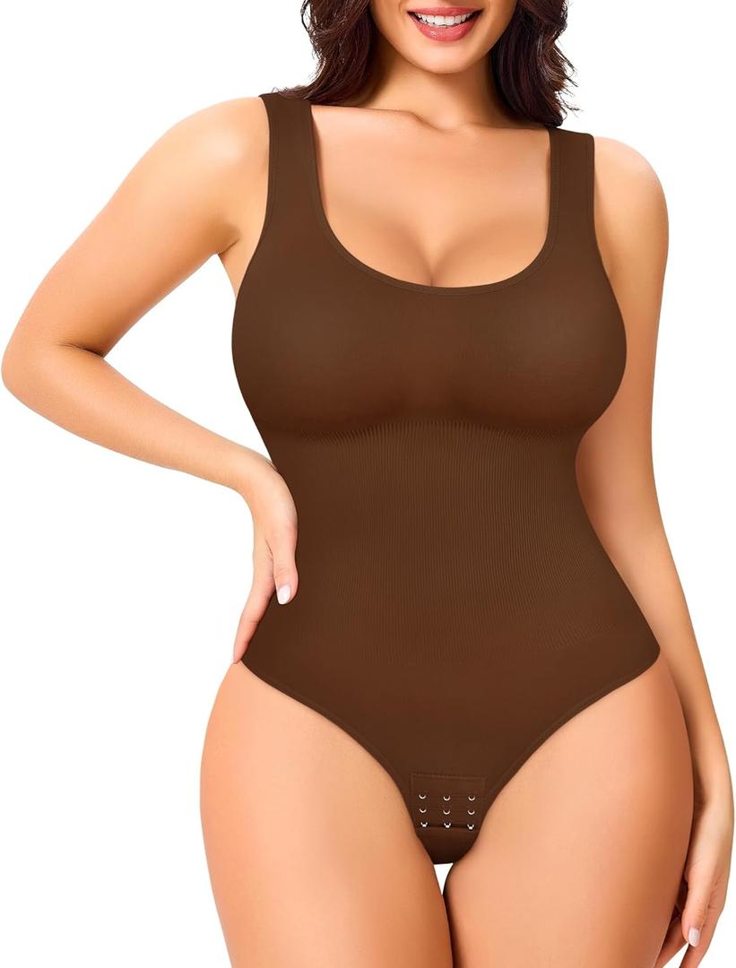 Eleady Shapewear Bodysuits for Women - Body Shaper Thong Tank Top Bodysuit Square Neck (3X-Large-4X-Large, Brown)