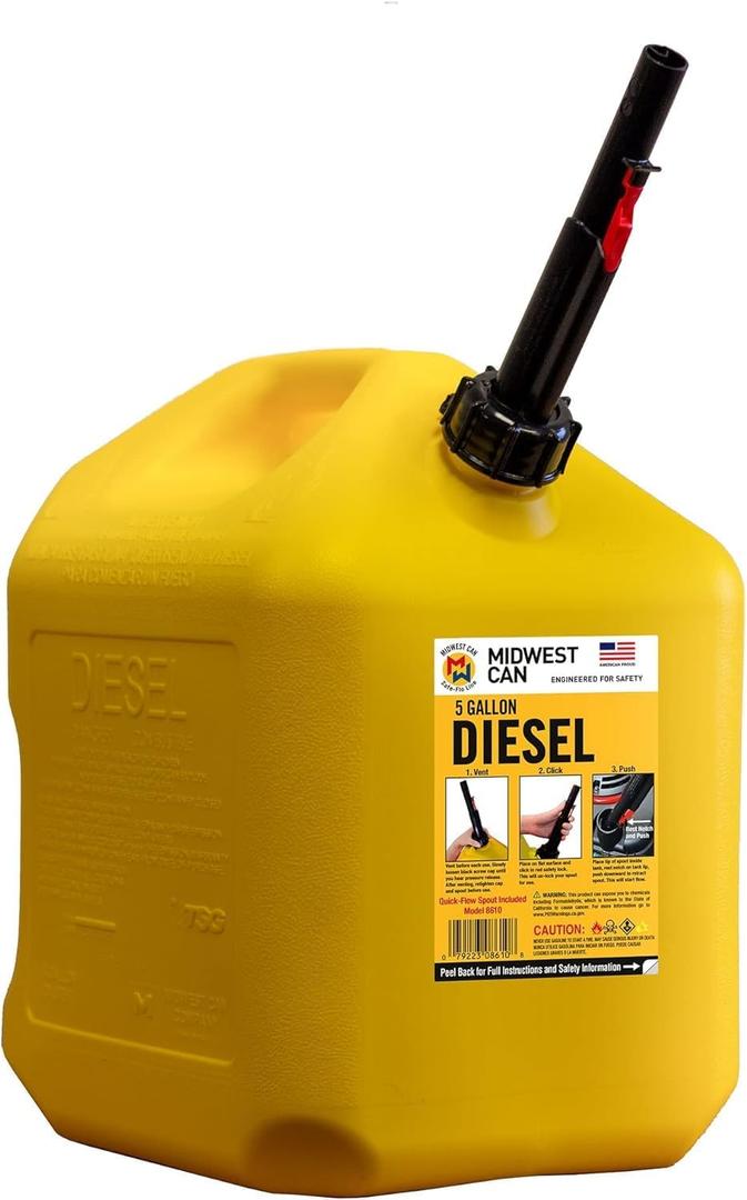 Midwest Can 8610 Safe-Flo Auto Shut Off 5 Gallon Diesel Can Yellow Plastic Fuel Container With FlameShield Safety System & Quick-Flow Spout - Pack of 1