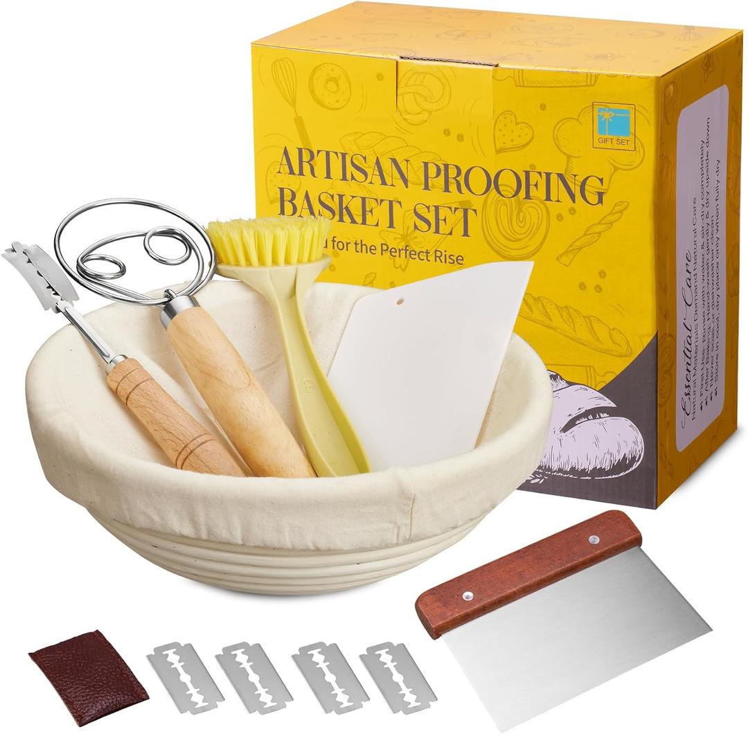 Dimpola Banneton Bread Proofing Basket Banneton Basket Set Sourdough Proofing Basket Round Proofing Bowls Handmade Rattan Baskets and Liners (Round of 1 Gift Set)